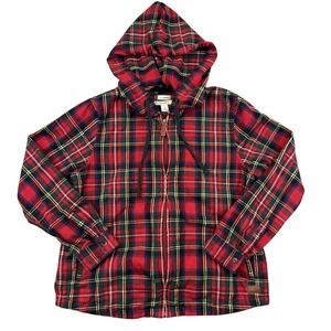 L.L.‎ Bean Jacket Womens Medium Petite Red Plaid Flannel Hooded Full Zip Warm